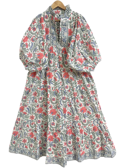 Cream Floral Hand Block Print Cotton Maxi Dress – Boho Tiered Dress with Ruffle Neck