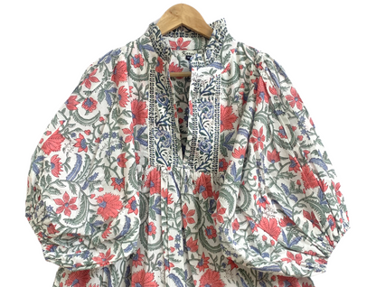 Cream Floral Hand Block Print Cotton Maxi Dress – Boho Tiered Dress with Ruffle Neck