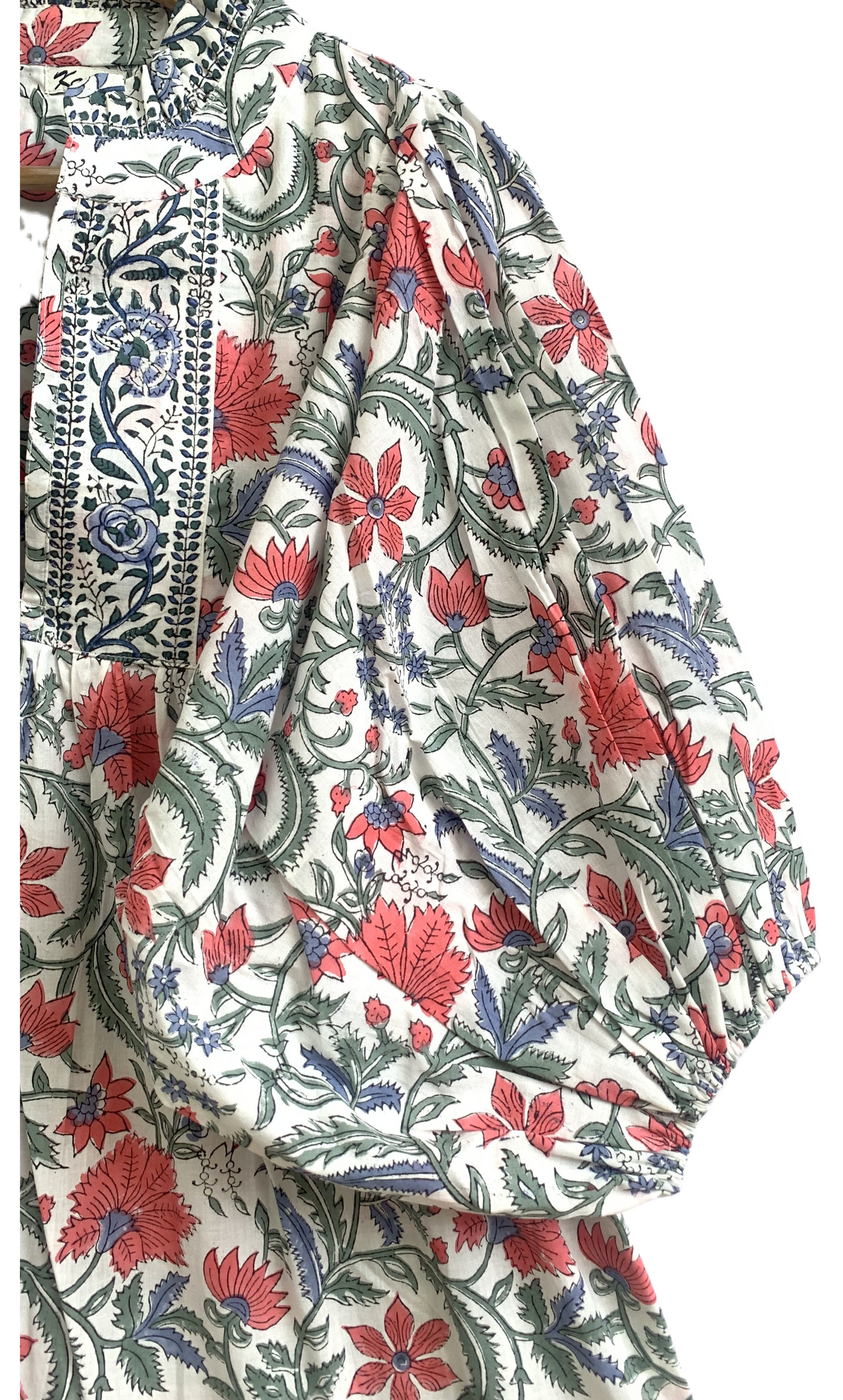 Cream Floral Hand Block Print Cotton Maxi Dress – Boho Tiered Dress with Ruffle Neck