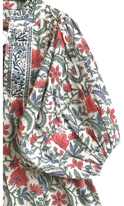 Cream Floral Hand Block Print Cotton Maxi Dress – Boho Tiered Dress with Ruffle Neck