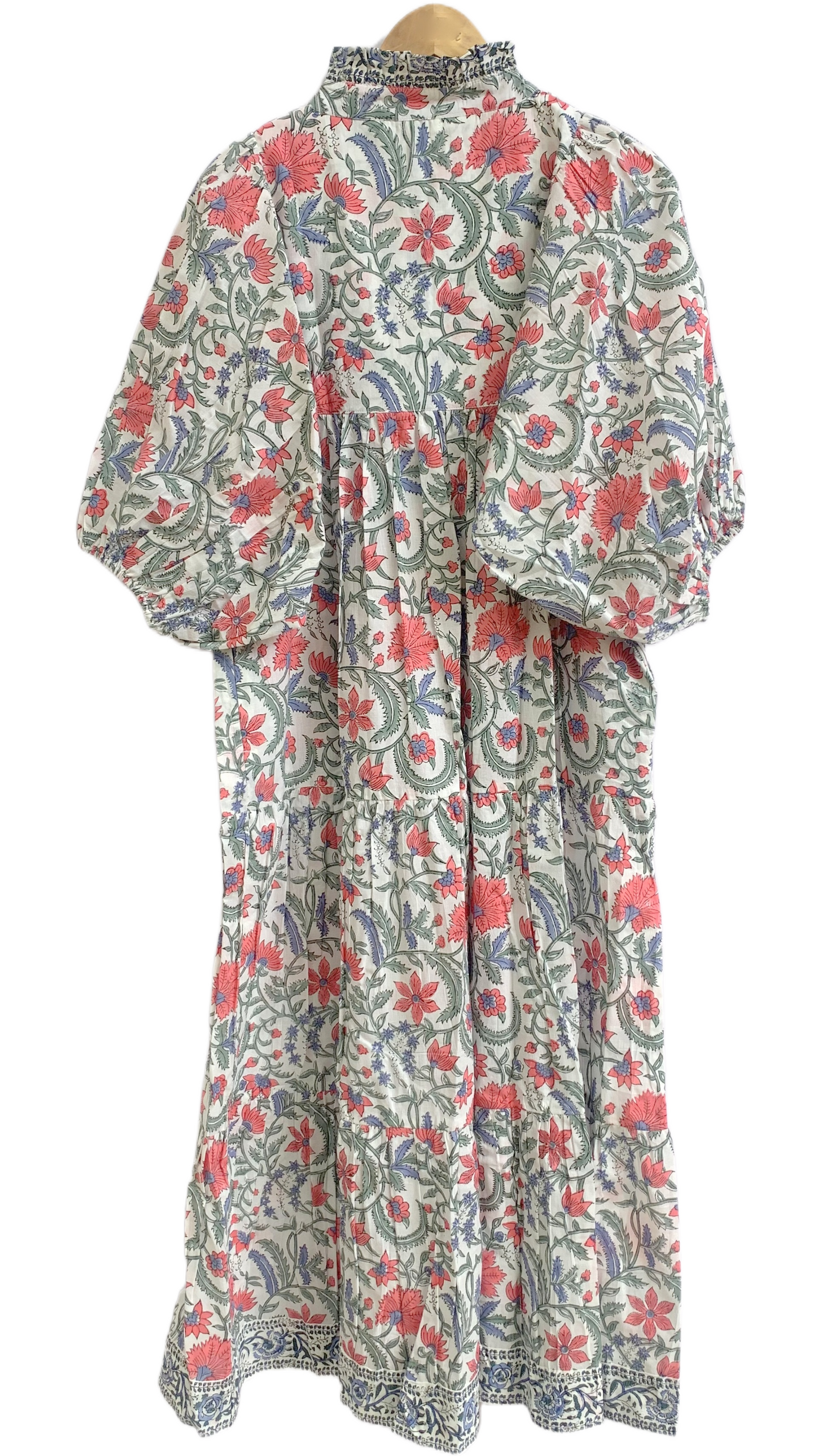 Cream Floral Hand Block Print Cotton Maxi Dress – Boho Tiered Dress with Ruffle Neck