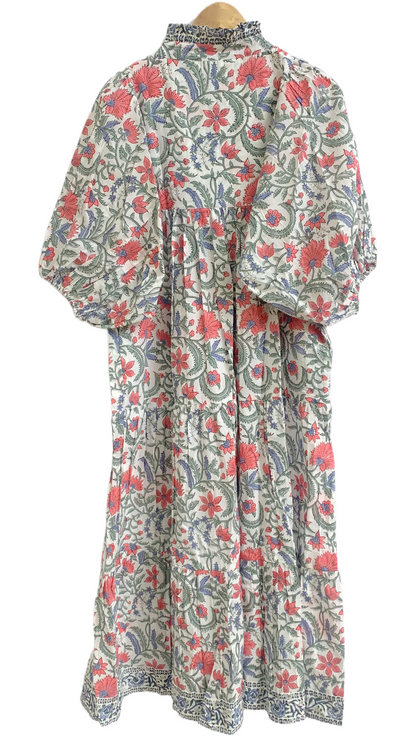 Cream Floral Hand Block Print Cotton Maxi Dress – Boho Tiered Dress with Ruffle Neck