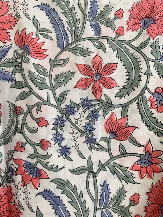 Cream Floral Hand Block Print Cotton Maxi Dress – Boho Tiered Dress with Ruffle Neck