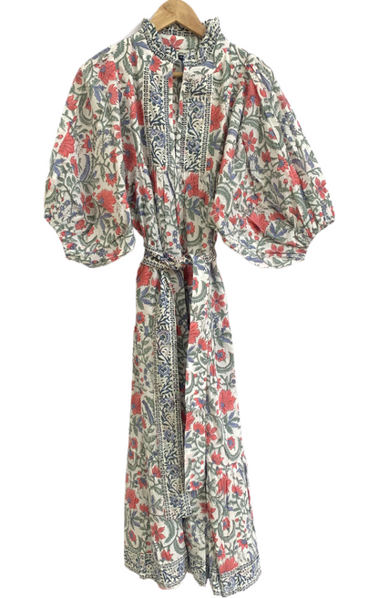 Cream Floral Hand Block Print Cotton Maxi Dress – Boho Tiered Dress with Ruffle Neck