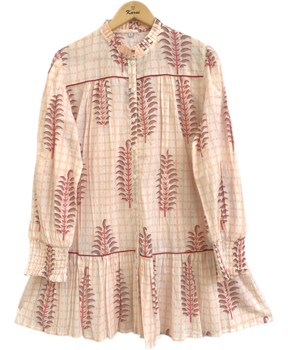 Soft Peach Floral Block Print Mini Dress – Boho Cotton Shirt Dress with Smocked Sleeves