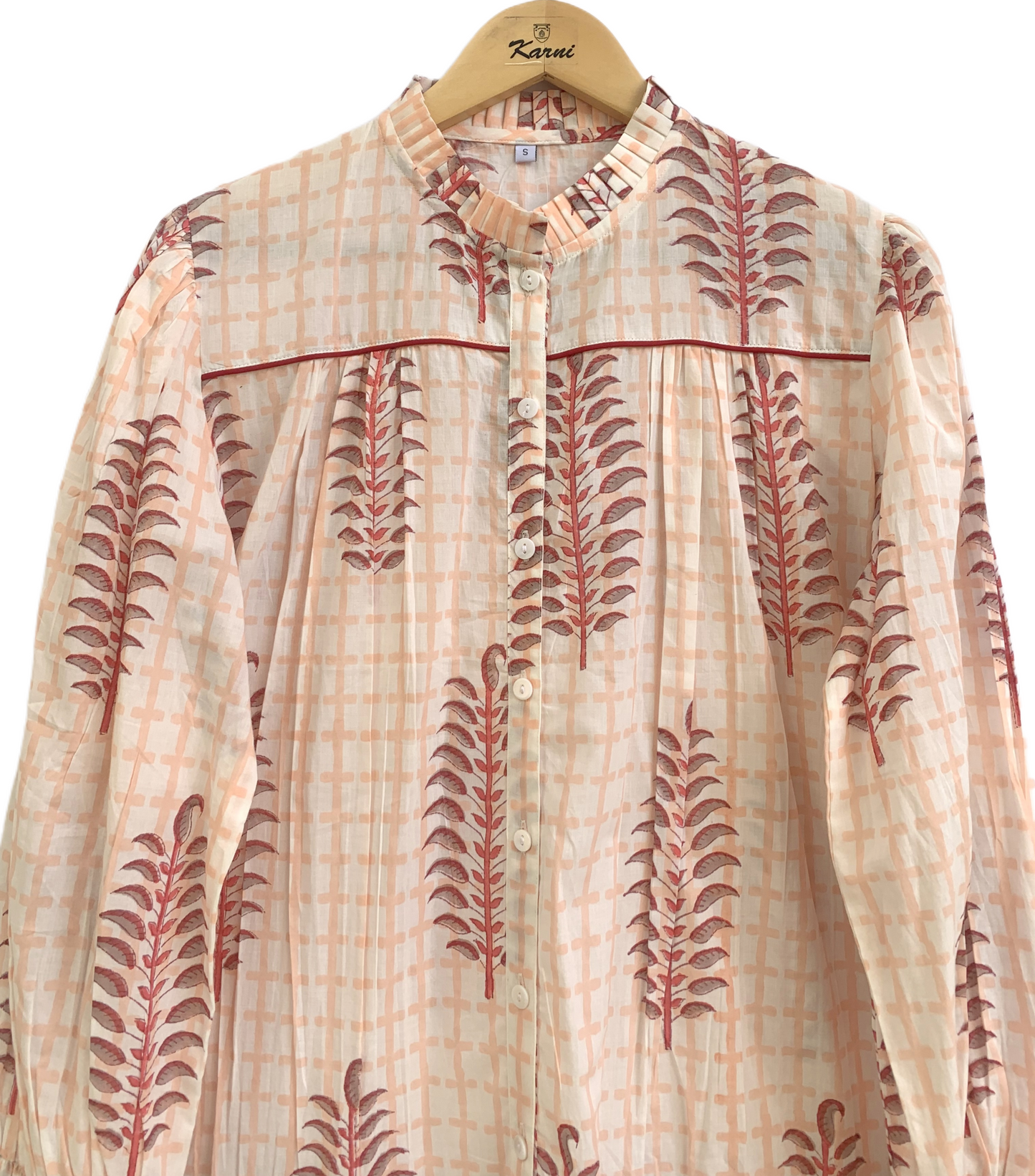 Soft Peach Floral Block Print Mini Dress – Boho Cotton Shirt Dress with Smocked Sleeves