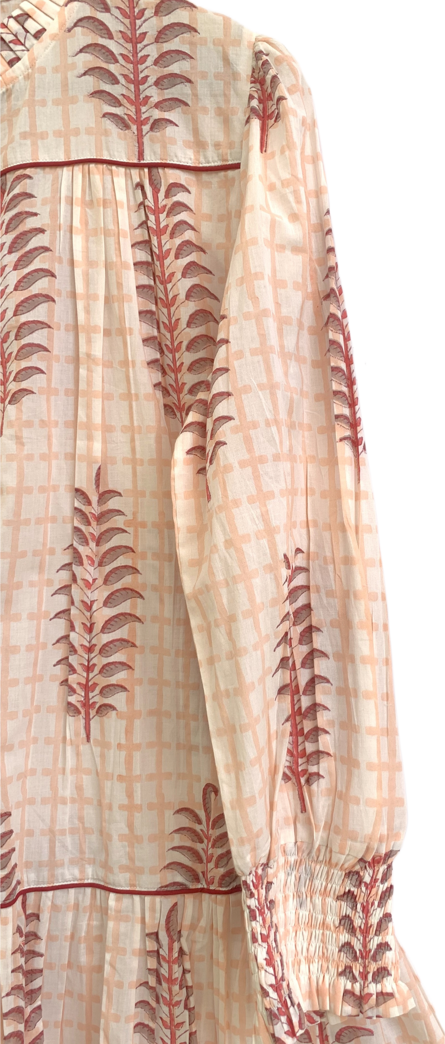 Soft Peach Floral Block Print Mini Dress – Boho Cotton Shirt Dress with Smocked Sleeves