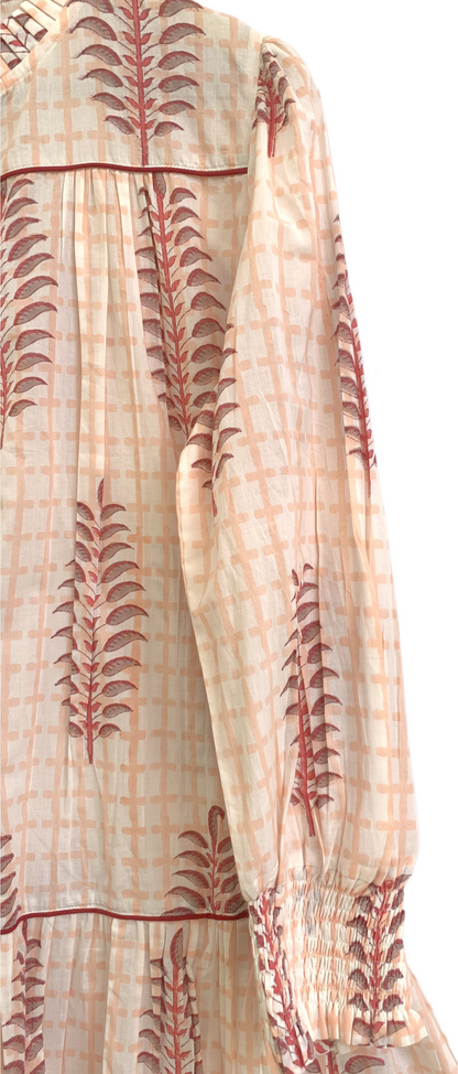 Soft Peach Floral Block Print Mini Dress – Boho Cotton Shirt Dress with Smocked Sleeves