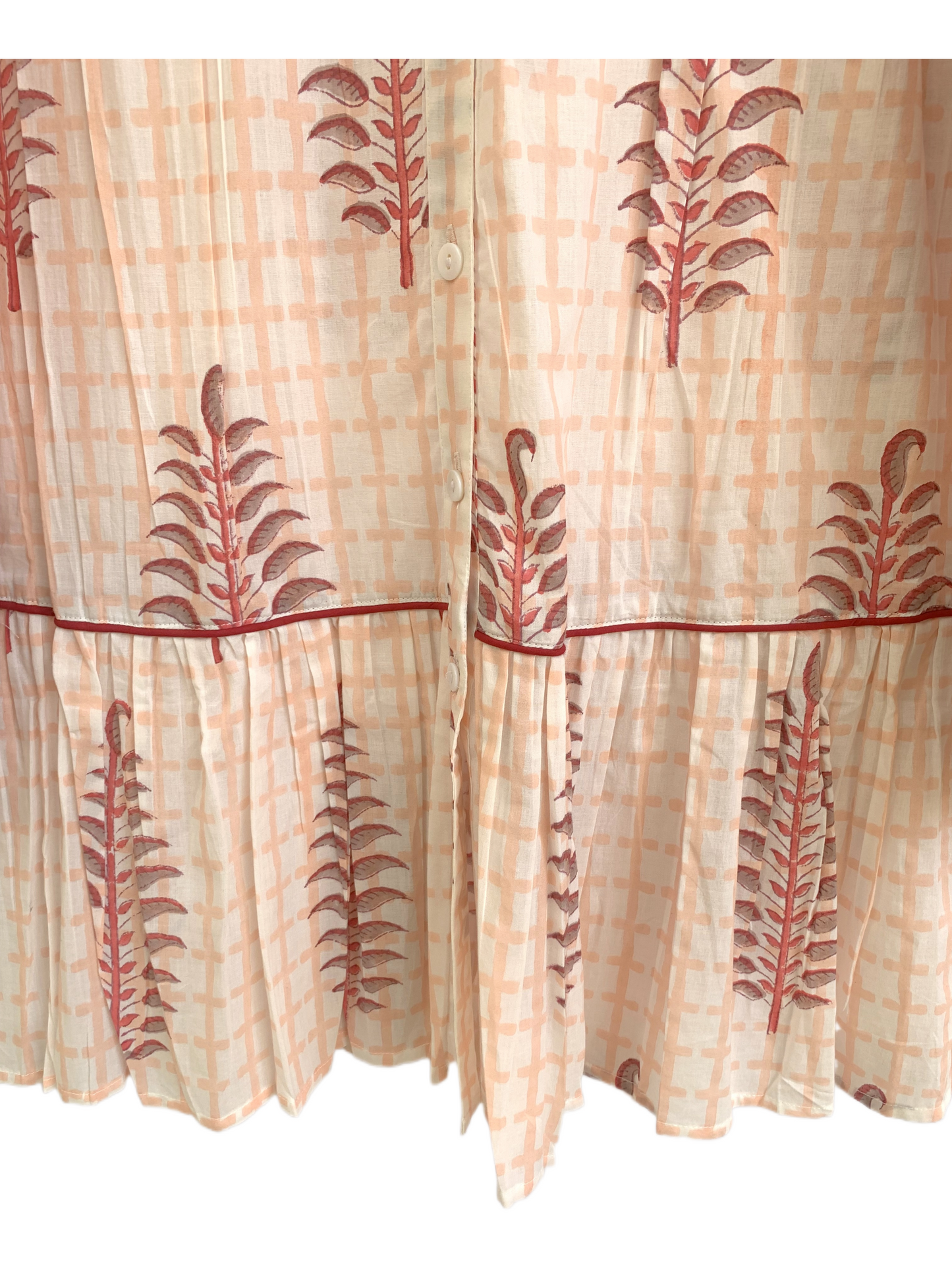 Soft Peach Floral Block Print Mini Dress – Boho Cotton Shirt Dress with Smocked Sleeves
