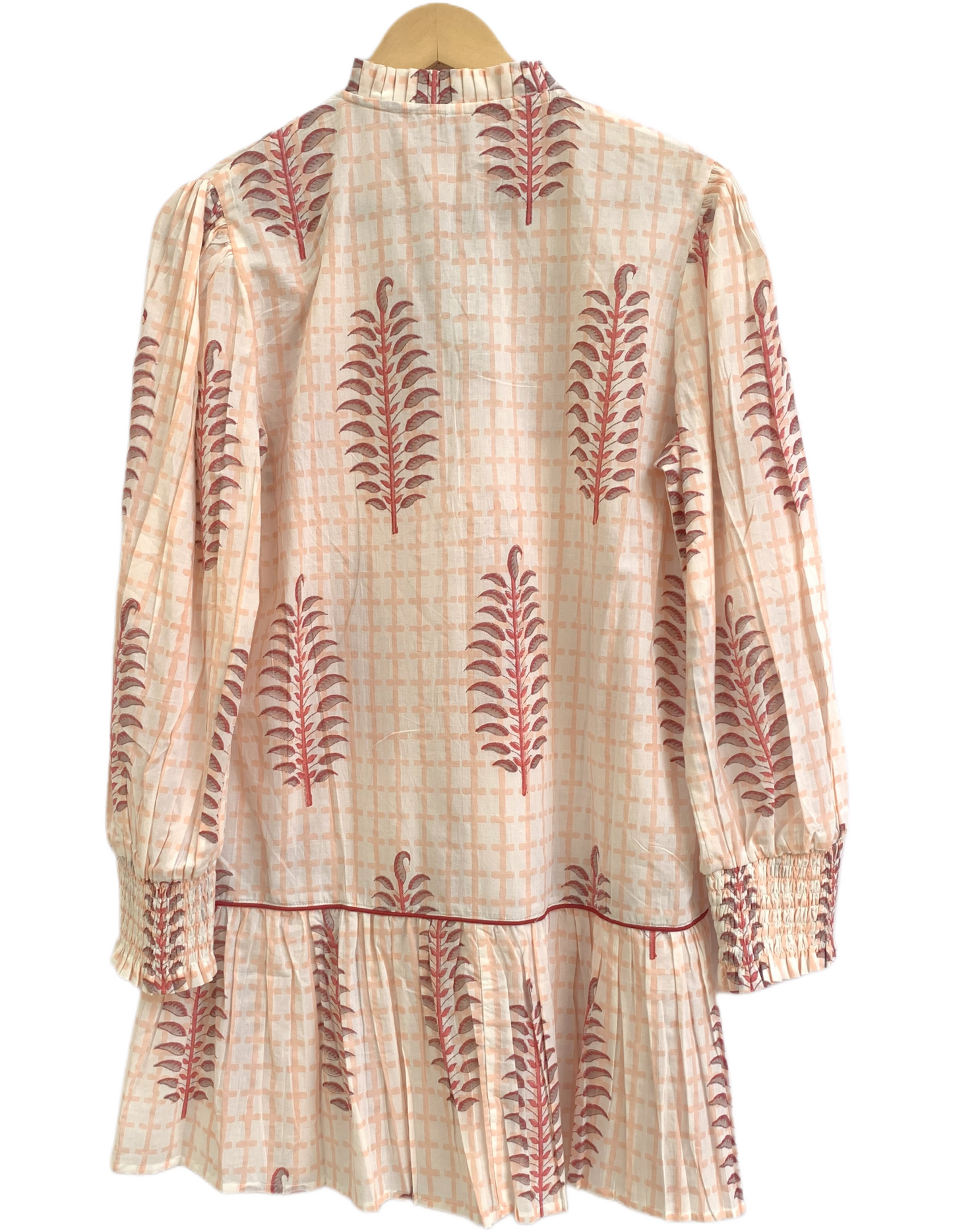 Soft Peach Floral Block Print Mini Dress – Boho Cotton Shirt Dress with Smocked Sleeves