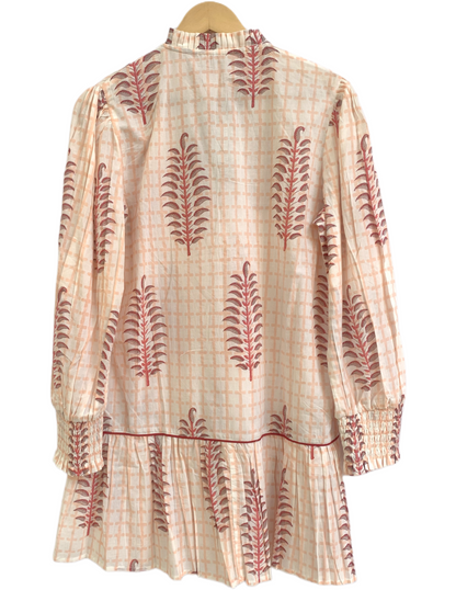 Soft Peach Floral Block Print Mini Dress – Boho Cotton Shirt Dress with Smocked Sleeves