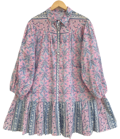 Pink Blue Floral Hand Block Print Cotton Mini Dress – Boho Button Front Tiered Dress