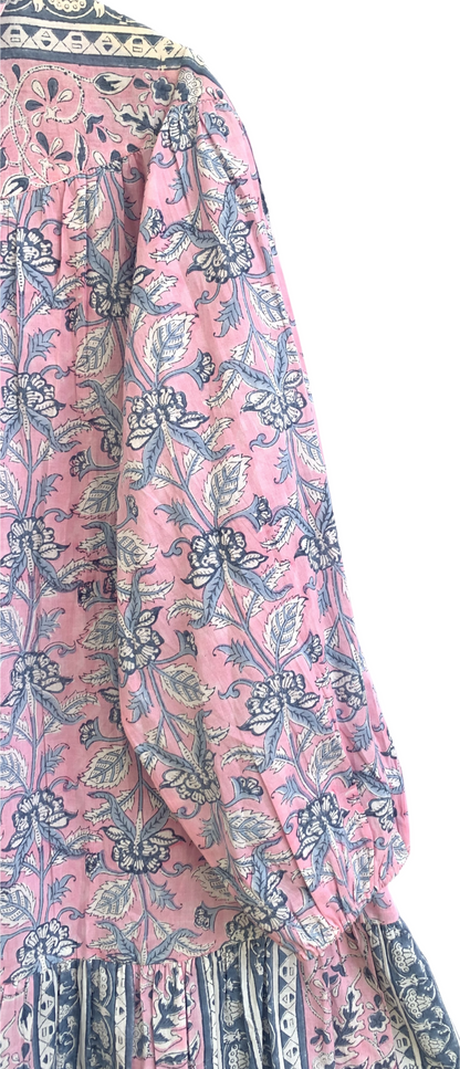 Pink Blue Floral Hand Block Print Cotton Mini Dress – Boho Button Front Tiered Dress