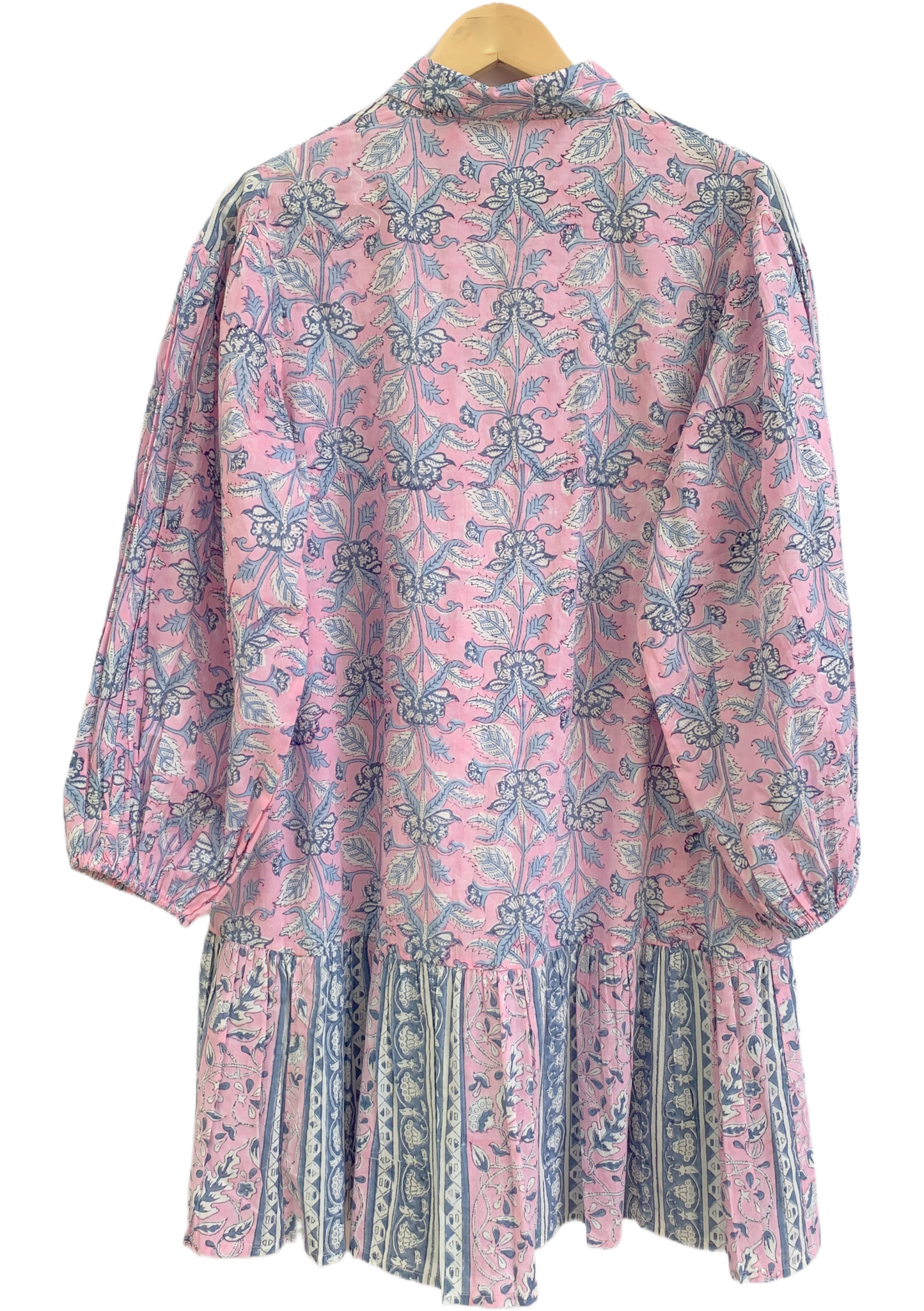 Pink Blue Floral Hand Block Print Cotton Mini Dress – Boho Button Front Tiered Dress