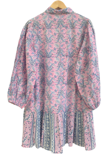 Pink Blue Floral Hand Block Print Cotton Mini Dress – Boho Button Front Tiered Dress