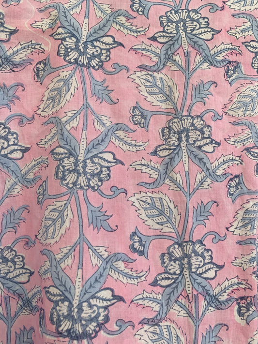 Pink Blue Floral Hand Block Print Cotton Mini Dress – Boho Button Front Tiered Dress