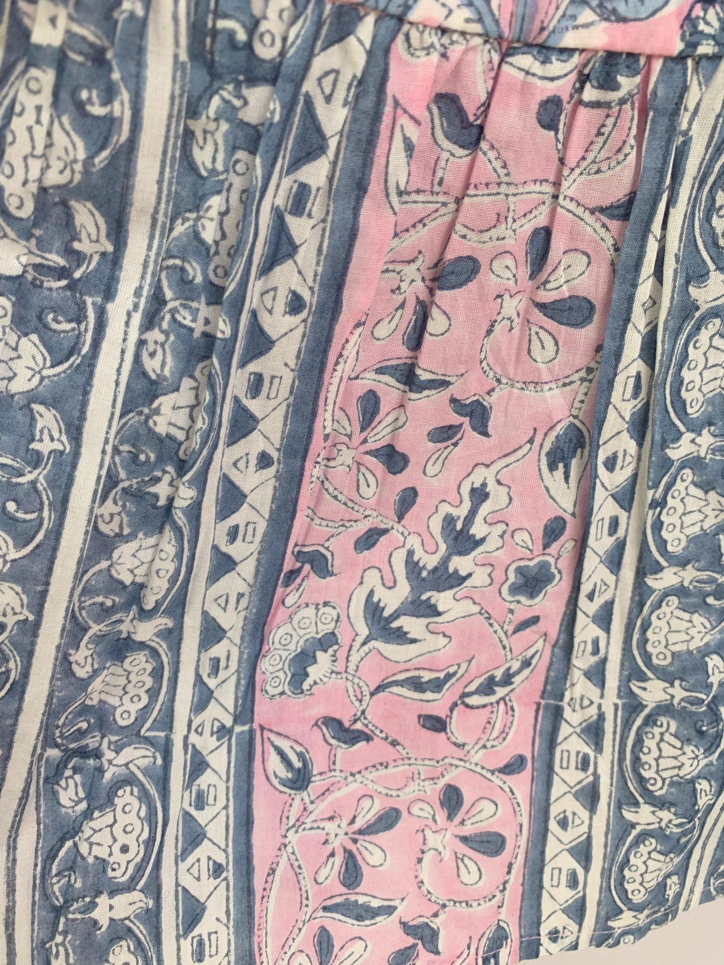 Pink Blue Floral Hand Block Print Cotton Mini Dress – Boho Button Front Tiered Dress