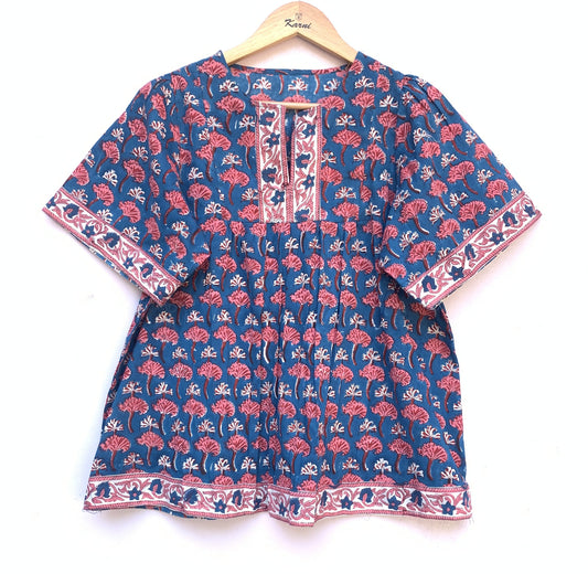 cotton blue pink floral hand block printed women's tops and blouse