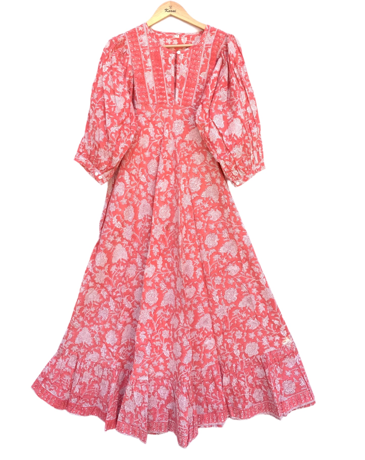 pink women's multifloral hand block printed maxi dress with fabric belt
