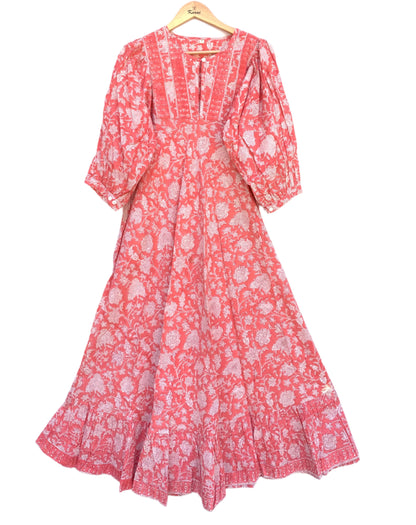 pink women's multifloral hand block printed maxi dress with fabric belt
