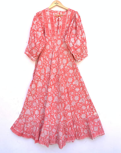 Coral Pink Floral Hand Block Printed Cotton Midi Dress – Puff Sleeve Boho Indian Dress