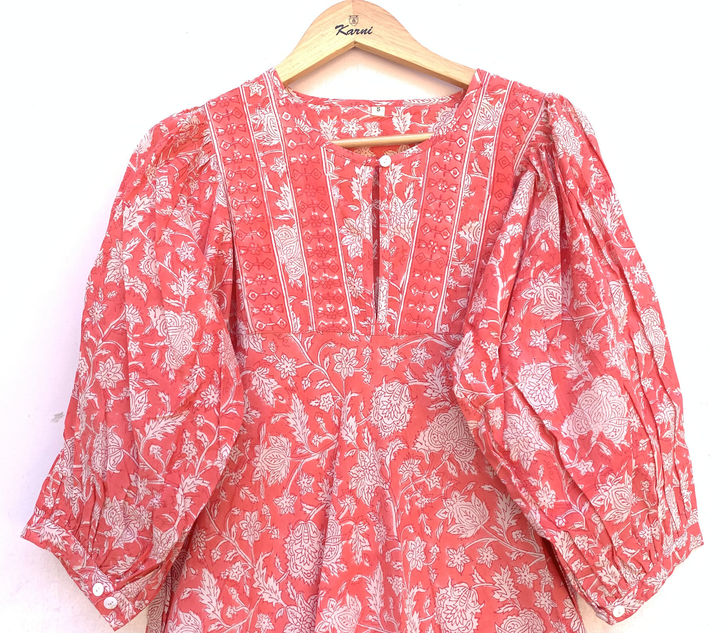 Coral Pink Floral Hand Block Printed Cotton Midi Dress – Puff Sleeve Boho Indian Dress