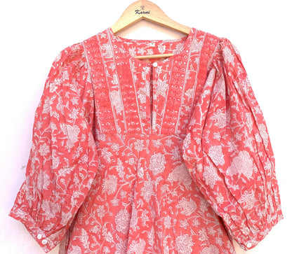 Coral Pink Floral Hand Block Printed Cotton Midi Dress – Puff Sleeve Boho Indian Dress