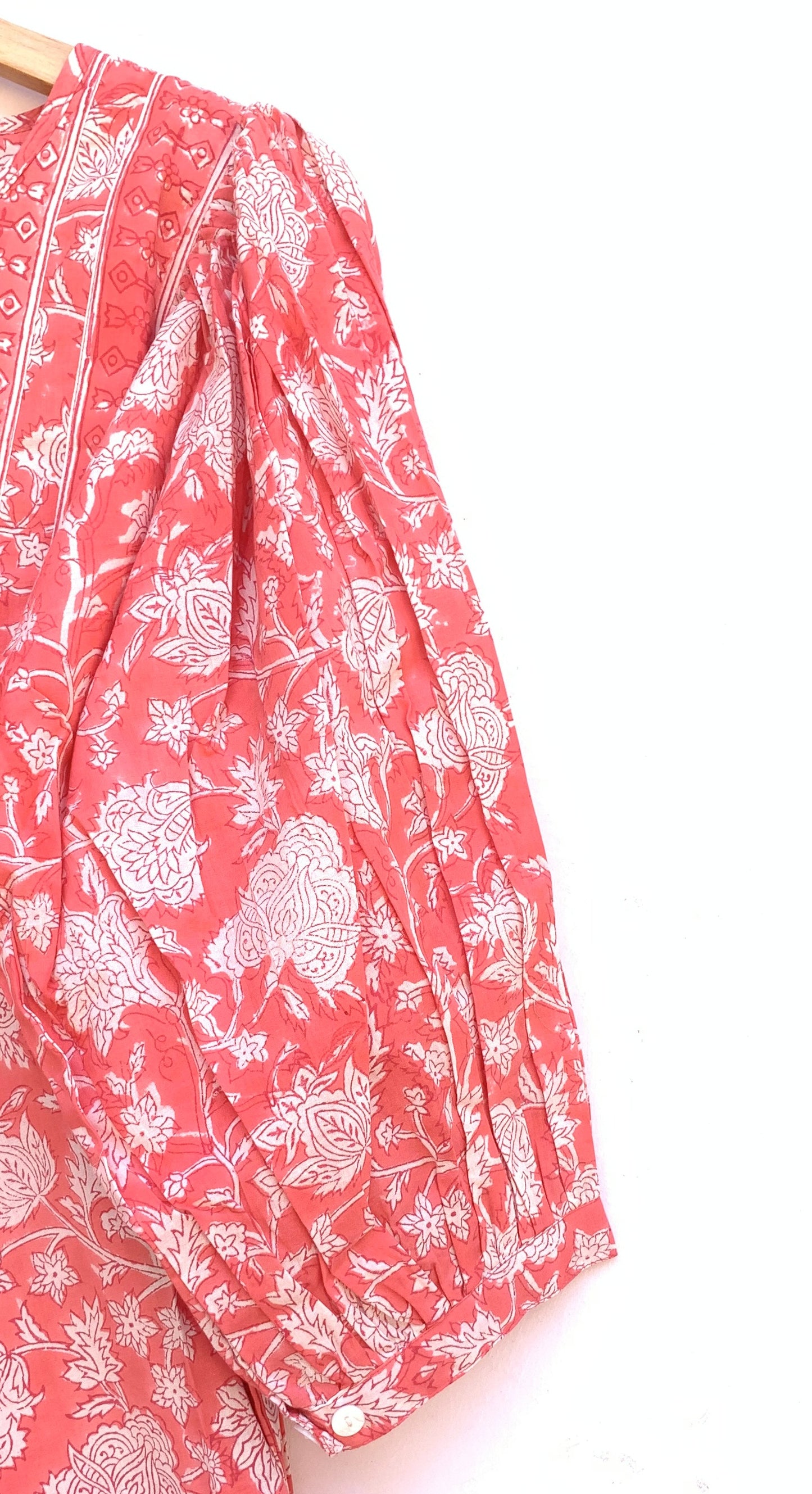Coral Pink Floral Hand Block Printed Cotton Midi Dress – Puff Sleeve Boho Indian Dress