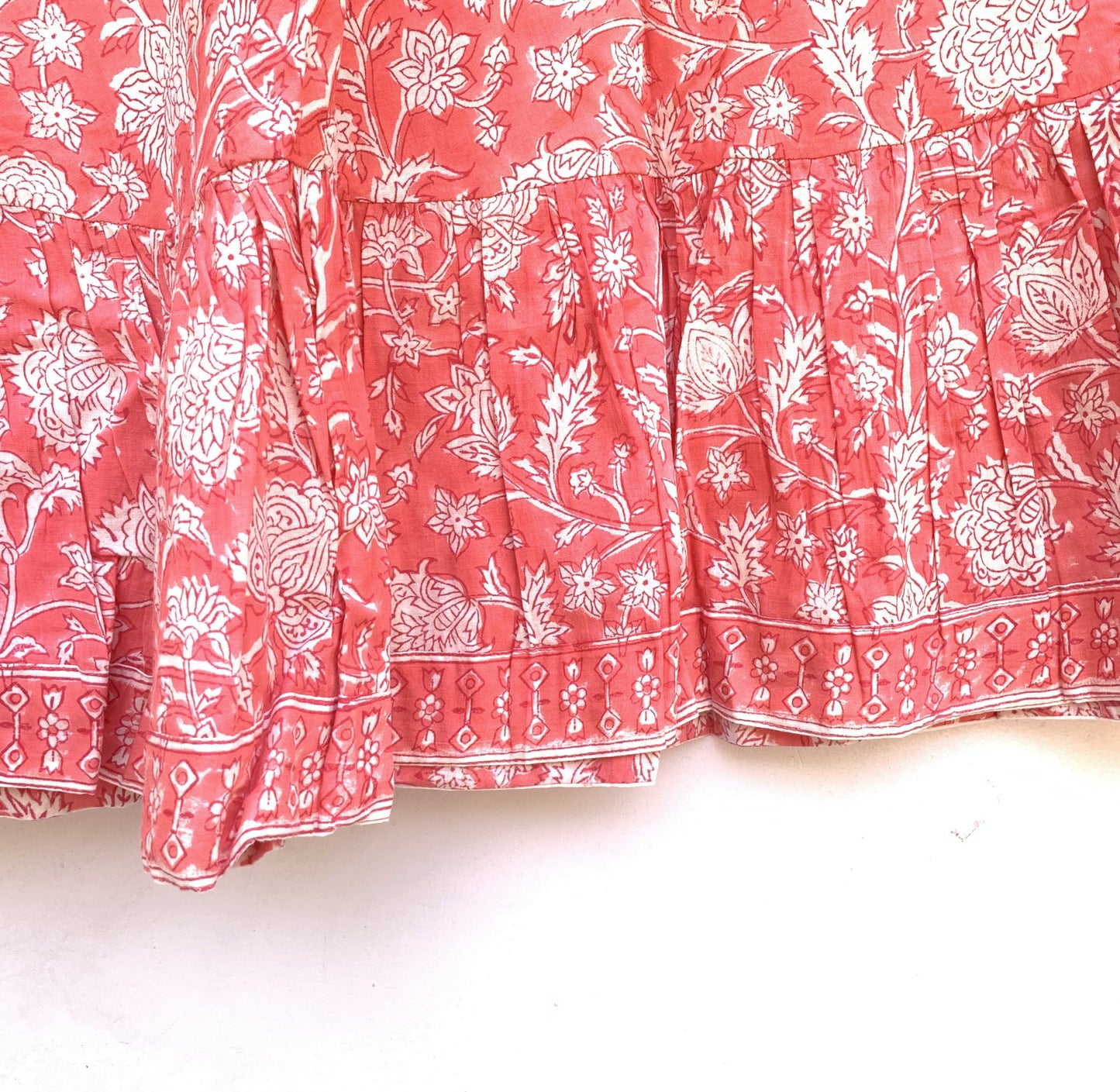 Coral Pink Floral Hand Block Printed Cotton Midi Dress – Puff Sleeve Boho Indian Dress