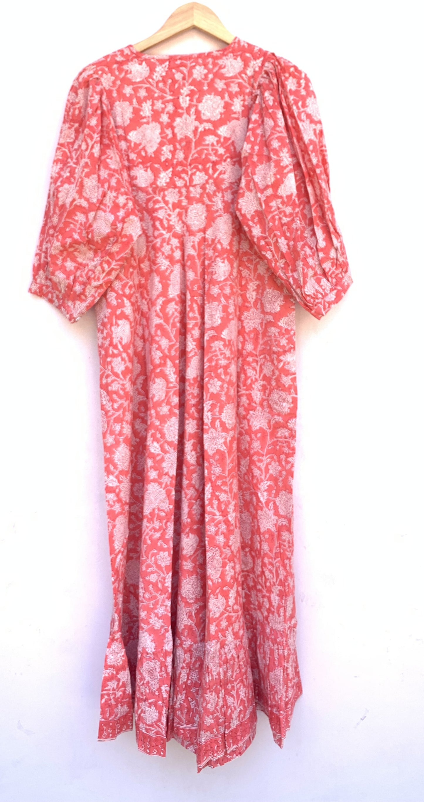Coral Pink Floral Hand Block Printed Cotton Midi Dress – Puff Sleeve Boho Indian Dress