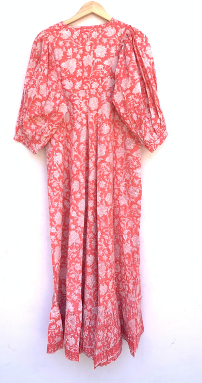 Coral Pink Floral Hand Block Printed Cotton Midi Dress – Puff Sleeve Boho Indian Dress