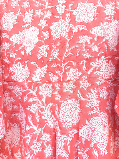 pink women's multifloral hand block printed maxi dress with fabric belt