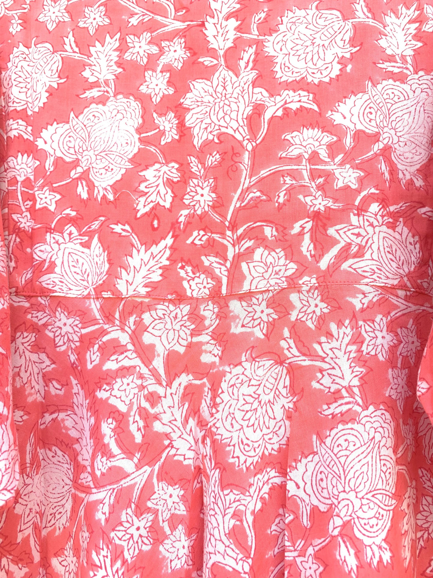 Coral Pink Floral Hand Block Printed Cotton Midi Dress – Puff Sleeve Boho Indian Dress
