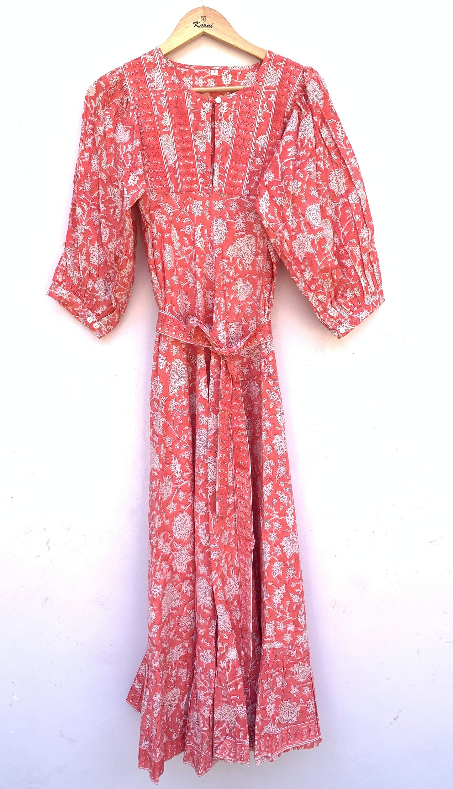 Coral Pink Floral Hand Block Printed Cotton Midi Dress – Puff Sleeve Boho Indian Dress