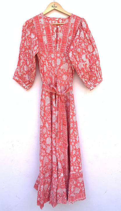 Coral Pink Floral Hand Block Printed Cotton Midi Dress – Puff Sleeve Boho Indian Dress