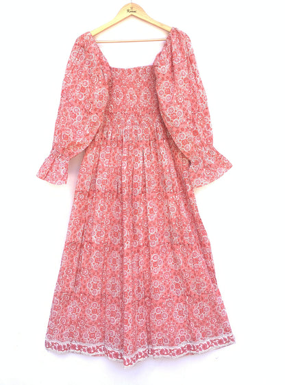 Dusty Rose Floral Hand Block Printed Cotton Midi Dress – Smocked Bodice Puff Sleeve Boho Dress