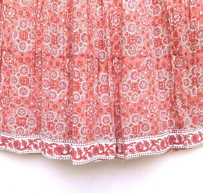 pink geometric women's hand block printed maxi dress with smocking