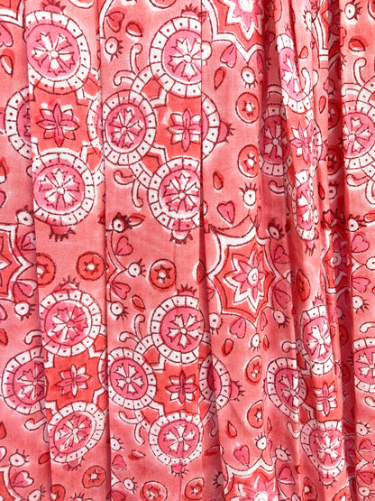 pink geometric women's hand block printed maxi dress with smocking