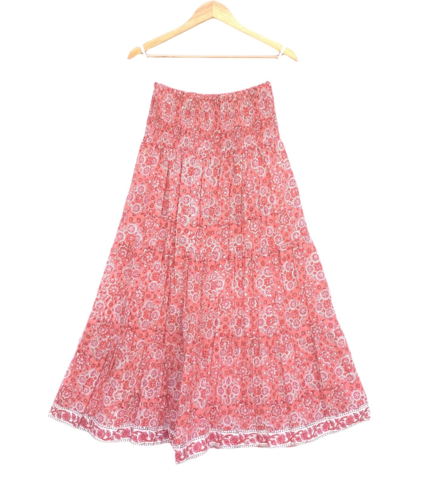 geometric pink women's maxi skirt with smocking