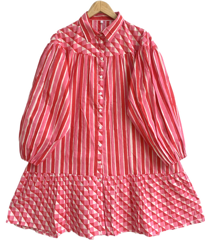 Coral Pink Red Striped Cotton Mini Dress – Hand Block Print Boho Shirt Dress