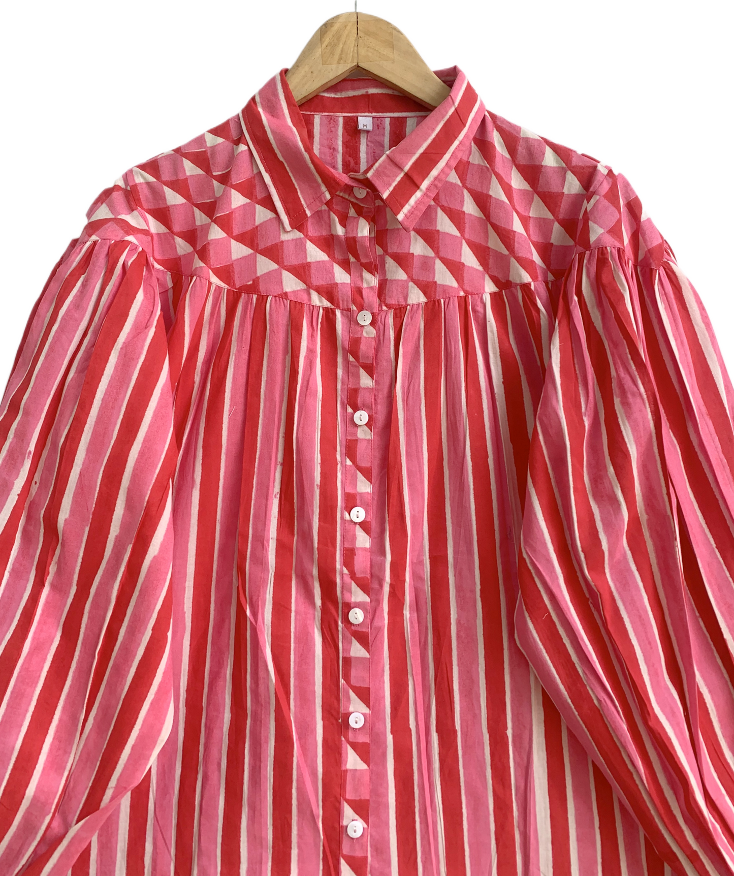 Coral Pink Red Striped Cotton Mini Dress – Hand Block Print Boho Shirt Dress