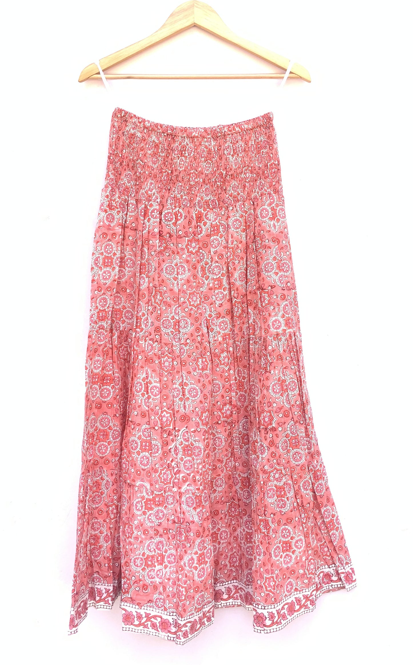 geometric pink women's maxi skirt with smocking