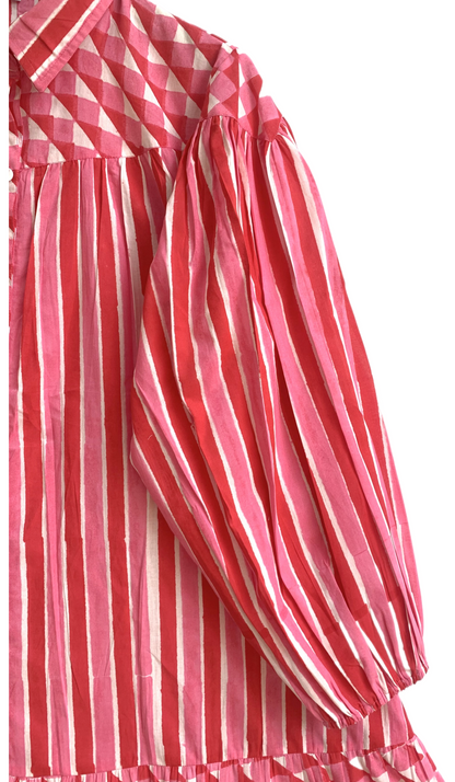 Coral Pink Red Striped Cotton Mini Dress – Hand Block Print Boho Shirt Dress