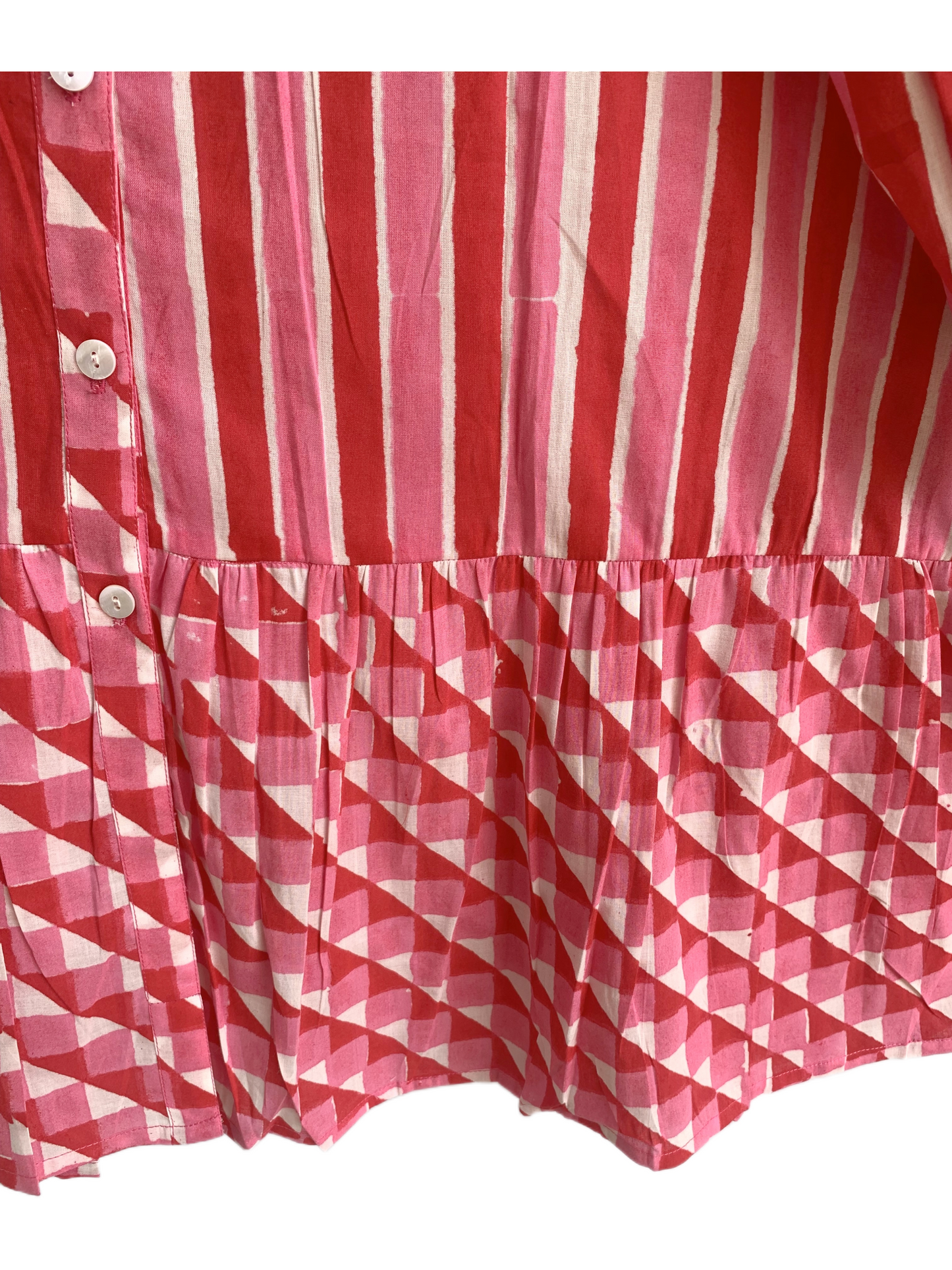 Coral Pink Red Striped Cotton Mini Dress – Hand Block Print Boho Shirt Dress