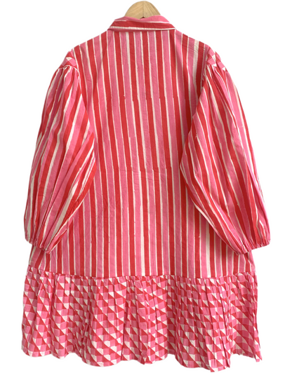 Coral Pink Red Striped Cotton Mini Dress – Hand Block Print Boho Shirt Dress