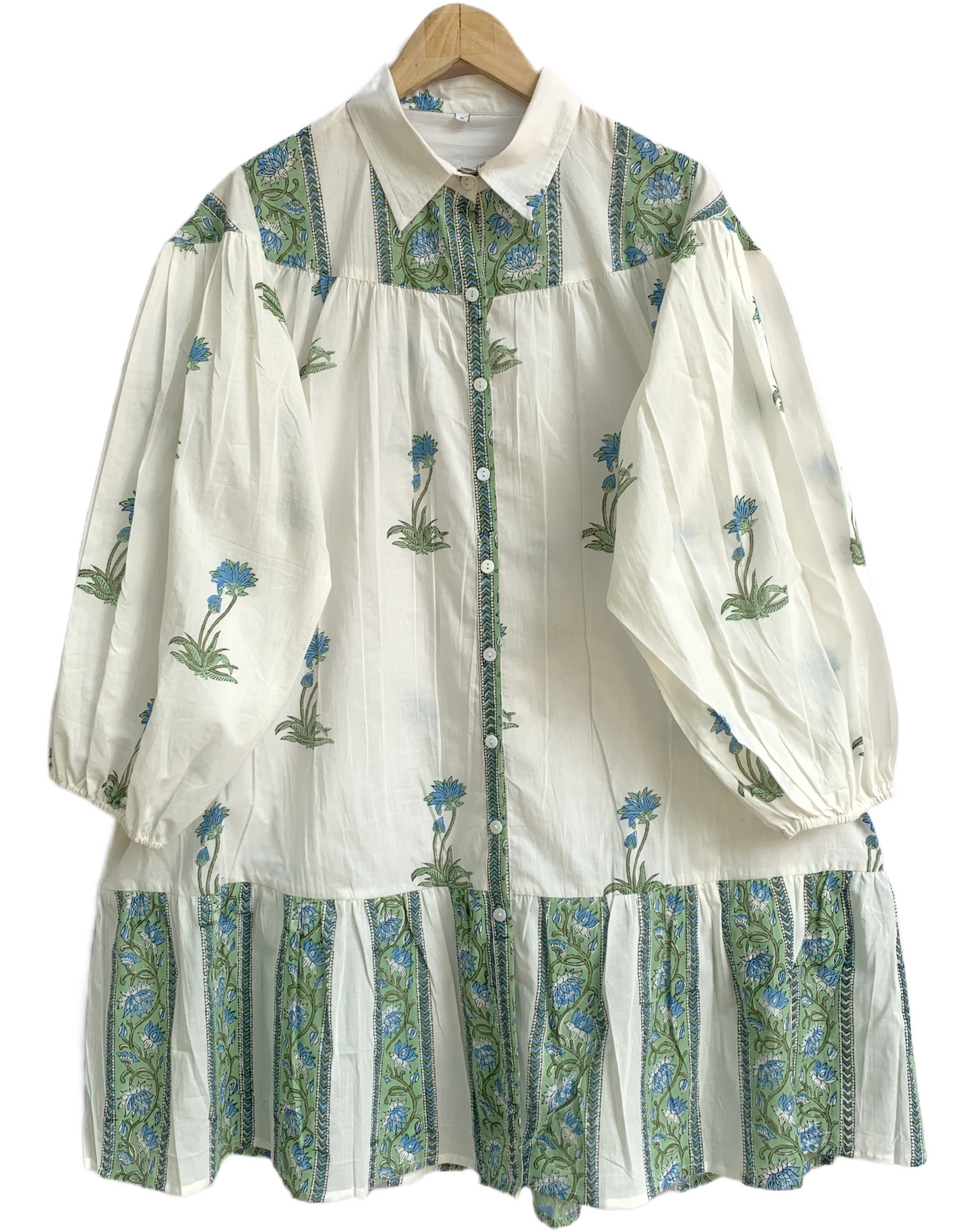 Blue Floral Block Print Mini Dress, Cotton Boho Shirt Dress, Handmade Indian Tiered Dress