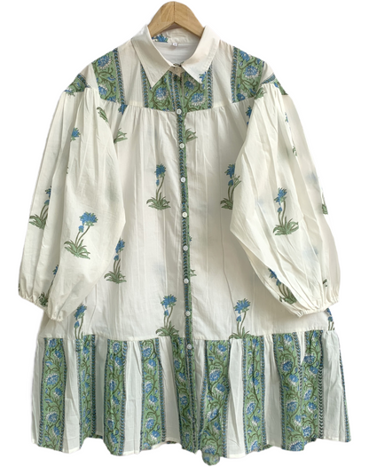 Blue Floral Block Print Mini Dress, Cotton Boho Shirt Dress, Handmade Indian Tiered Dress