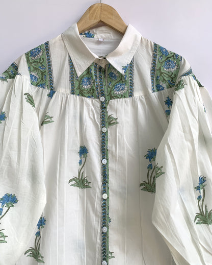 Blue Floral Block Print Mini Dress, Cotton Boho Shirt Dress, Handmade Indian Tiered Dress