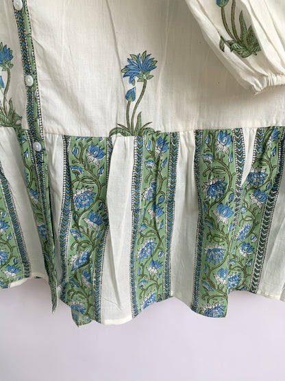 Blue Floral Block Print Mini Dress, Cotton Boho Shirt Dress, Handmade Indian Tiered Dress
