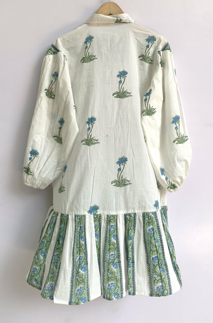 Blue Floral Block Print Mini Dress, Cotton Boho Shirt Dress, Handmade Indian Tiered Dress